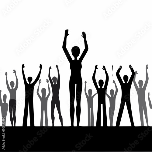 Silhouette Crowd Celebration: A silhouetted crowd celebrates, arms raised in a collective display of elation and togetherness. This minimalistic image encapsulates the spirit of unity and triumph.