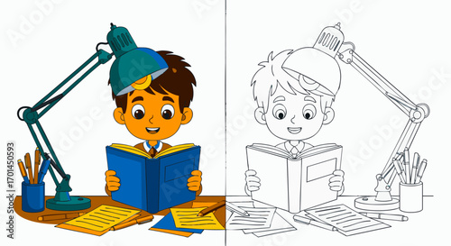 Illustration of a young boy happily reading a book at a desk with a lamp and art supplies, presented as both a colored and outline version for creative use