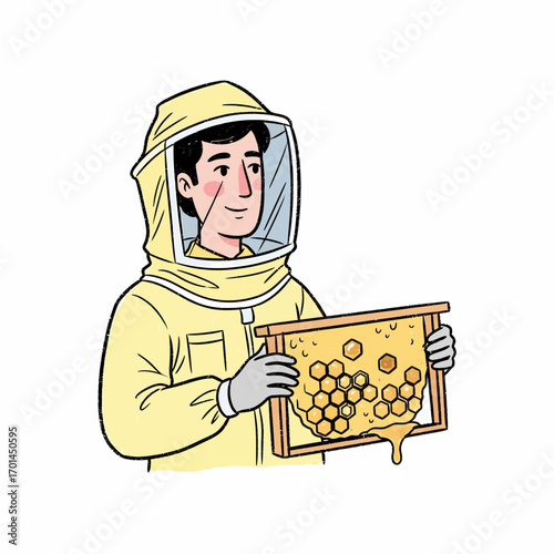 Beekeeper Holding Honeycomb Frame in Protective Suit Illustration For Nature's Bounty