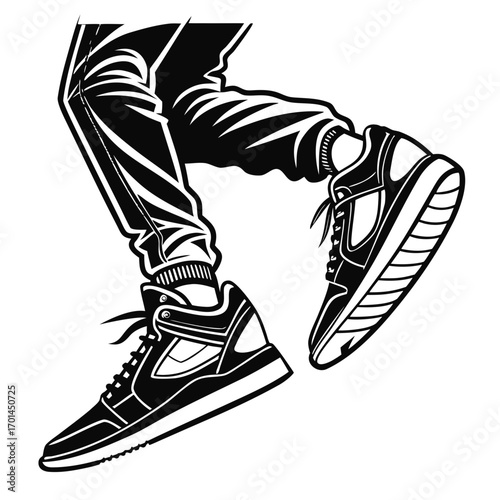 Dynamic black and white illustration of a person s legs and feet wearing stylish high top sneakers and loose fitting pants captured in a mid stride or dance pose against a clean white background