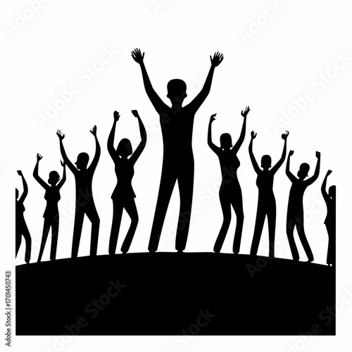 Silhouette of Celebration: An illustrative silhouette captures a celebratory moment, featuring a group of people with arms raised in unison against the backdrop of collective joy and achievement.