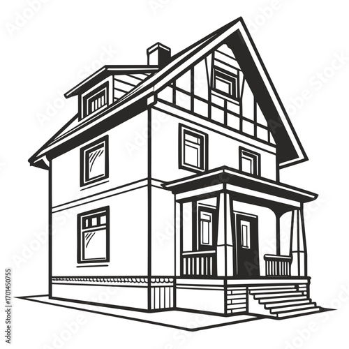 Photography A detailed black and white illustration of a classic two story residential house
