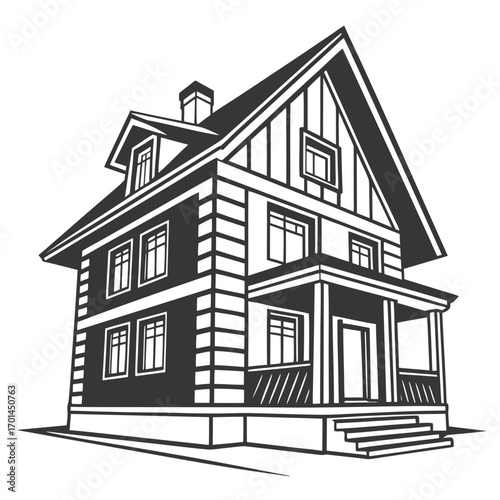 A detailed black and white illustration of a classic two story house with a prominent porch and chimney rendered in a clean graphic style perfect for architectural concepts or design elements
