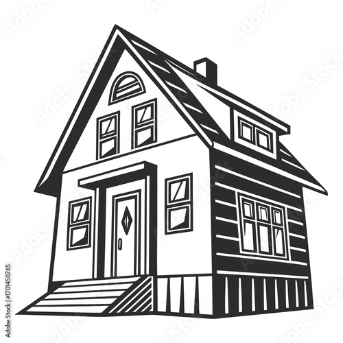 A stylized black and white illustration of a two story house with a prominent pitched roof dormer windows a front porch and a chimney conveying a sense of home and shelter