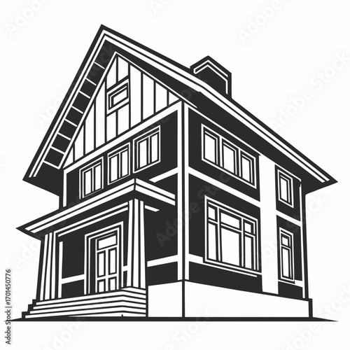 A striking black and white graphic illustration of a two story residential house with a prominent gable roof and a welcoming front porch showcasing architectural details