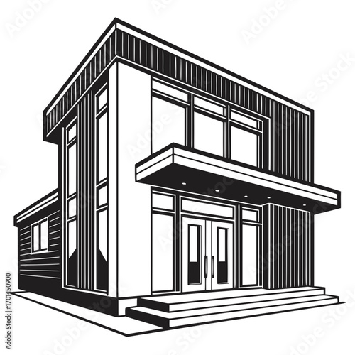 Modern architectural illustration of a two story contemporary house with large windows a prominent entrance and a cantilevered upper level rendered in a clean black and white line art style