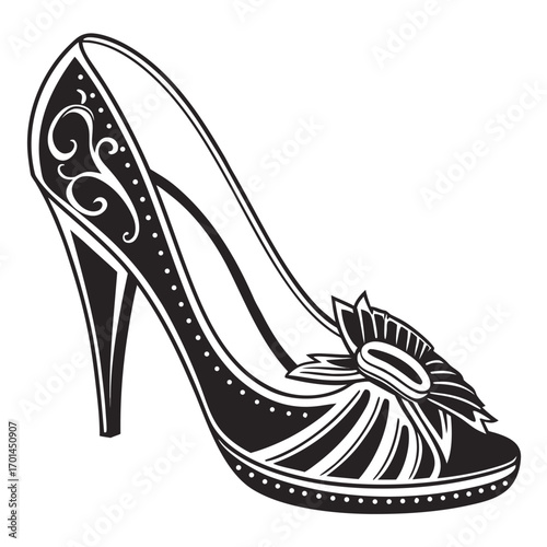 Elegant black and white illustration of a high heeled shoe adorned with decorative swirls and a floral embellishment perfect for fashion or design concepts