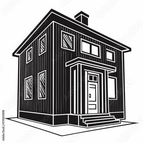 A stylized black and white illustration of a classic two story wooden house with a prominent front porch and a chimney presented in a clean graphic art style