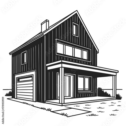 Modern two story house with a covered porch and attached garage depicted in a striking black and white illustration style