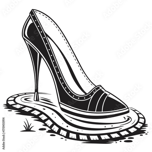 Stylized black and white illustration of a high heel shoe with a pointed toe and stiletto heel standing on a decorative circular base with a grass element
