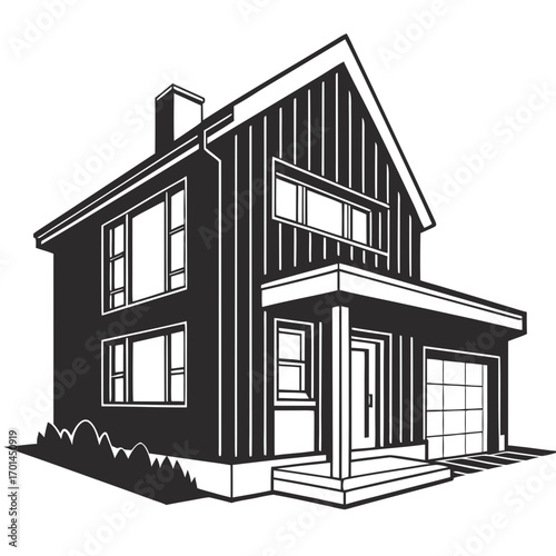 A modern two story house with a pitched roof vertical siding a covered porch a garage door and a chimney presented in a clean black and white vector illustration style