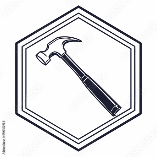 A classic claw hammer tool is depicted in a stylized graphic design with a dark outline within a hexagonal frame representing construction repair and diy projects