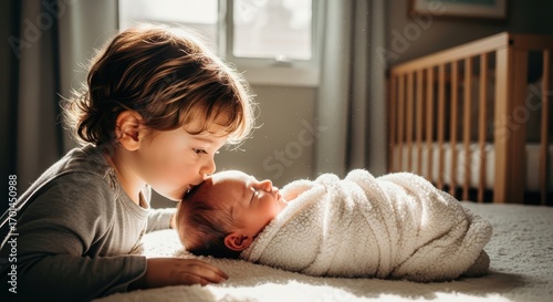 Tender moment of older sibling gently kissing the forehead of a newborn baby