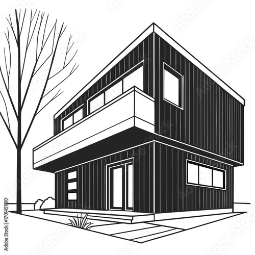 Modern minimalist architectural illustration of a two story contemporary house with clean lines a balcony and a bare tree on a white background