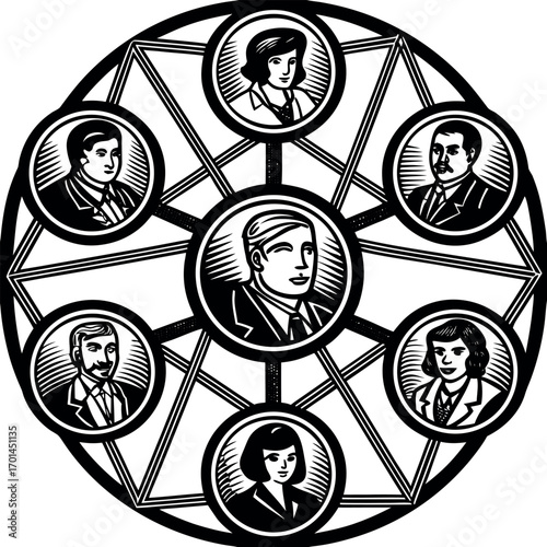 Circular network of professional portraits black and white