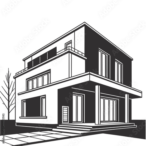 Modern minimalist architectural illustration of a two story detached house with clean lines and geometric shapes in a monochrome style