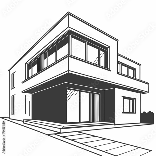 Modern architectural drawing of a two story contemporary house with clean lines large windows and a cantilevered upper level showcasing minimalist design and sleek aesthetics