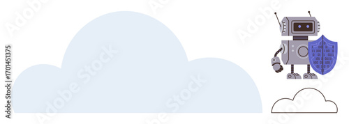 Robot holding a shield to represent safety and data protection in cloud computing. Ideal for technology, AI, cybersecurity, cloud storage, data management, future tech, security systems. A simple