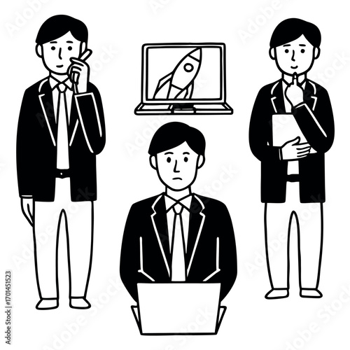 Businessmen in suits with laptop and rocket illustration businessman