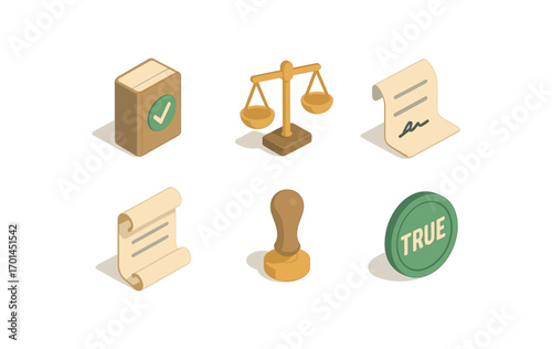 isometric icon items isolated on white background solid proof scale icon signed paper scroll page seal stamp true