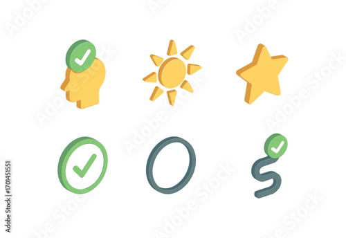 isometric icon items isolated on white background certainty sun glow check icon circle line true path