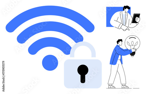 Large wireless signal with lock emphasizes security, people exchanging ideas, and collaboration. Ideal for cybersecurity, technology, innovation, teamwork, online security, digital creativity