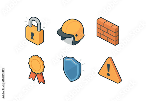 isometric icon items isolated on white background strong protection helmet icon guard ribbon badge shield glow warning