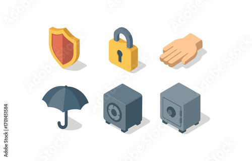 isometric icon items isolated on white background protection shield icon lock sign hand cover umbrella safe box