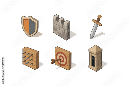 isometric icon items isolated on white background defense castle sword icon shield arrow gate post