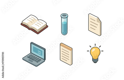 isometric icon items isolated on white background academic research test tube document page laptop screen note sheet idea