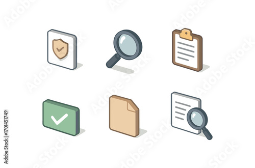isometric icon items isolated on white background inspection magnifying glass clipboard page check file icon search lines