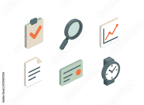 isometric icon items isolated on white background oversight magnifying glass chart line document page check watch icon