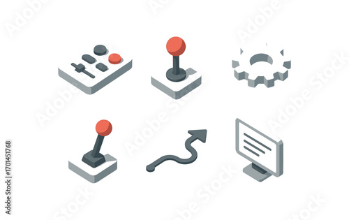 isometric icon items isolated on white background control joystick icon gear lever arrow path screen lines