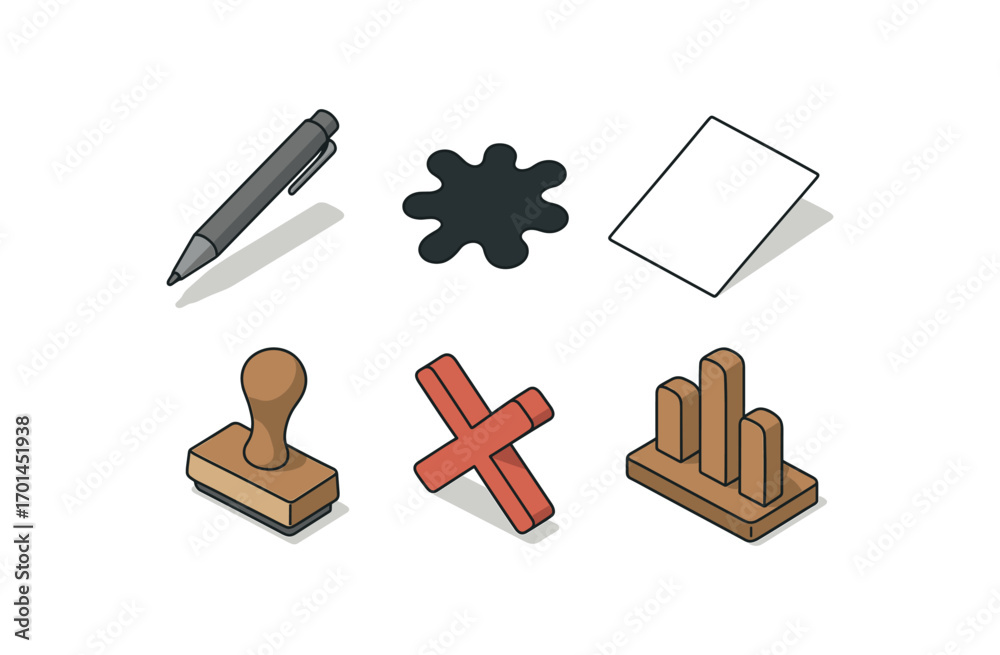 isometric icon items isolated on white background pen line ink spot paper sheet stamp icon cross sign