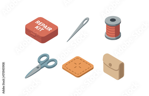 isometric icon items isolated on white background repair kit sewing needle thread roll scissors fabric patch storage pouch