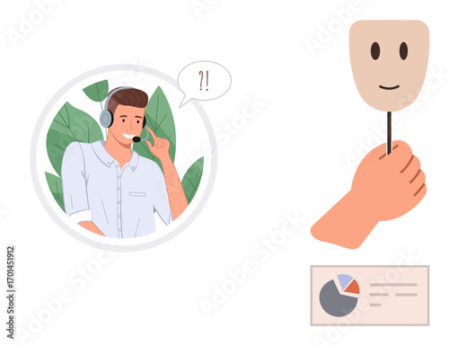 Customer support agent with headset expressing confusion, next to a hand holding a mask and a data chart. Ideal for fraud, misrepresentation, anonymity, trust, communication, customer service, truth