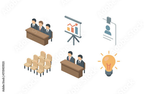 isometric icon items isolated on white background business conference chart board badge audience rows panel table idea light