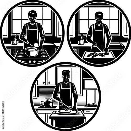 Three minimalist icons of a person cooking in a kitchen chef food preparation