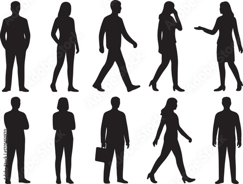 Diverse collection of human silhouettes in motion diverse poses and activities representing business professionals and everyday individuals for design projects silhouette
