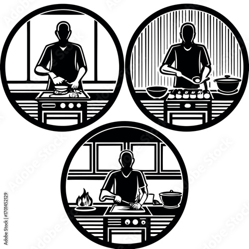 Minimalist icons depicting people cooking food kitchen food preparation