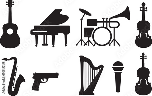 Collection of musical instruments silhouettes featuring guitar piano drum set saxophone harp violin and microphone graphic elements silhouette