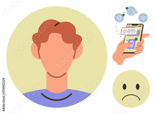 Faceless person in neutral expression, smartphone with messaging activity, sad emoticon indicating unhappiness. Ideal for communication, digital interaction, emotion, psychology, loneliness