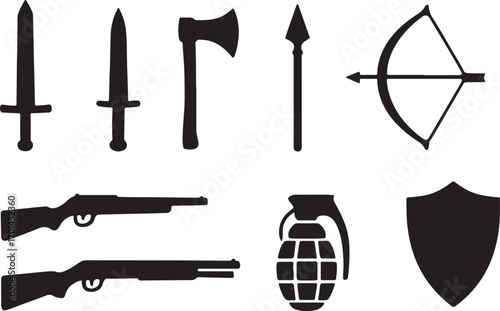 Collection of ancient and modern weapon silhouettes including swords axes bows rifles grenades and shields for historical combat and warfare concepts silhouette