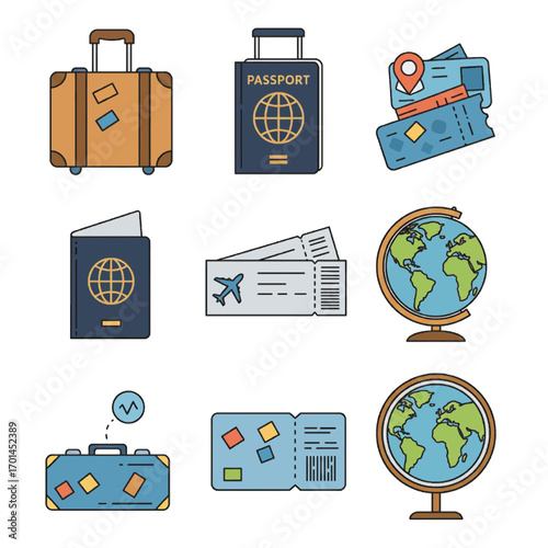 Travel Essentials Collection: Luggage, Passports, Tickets, Globes
