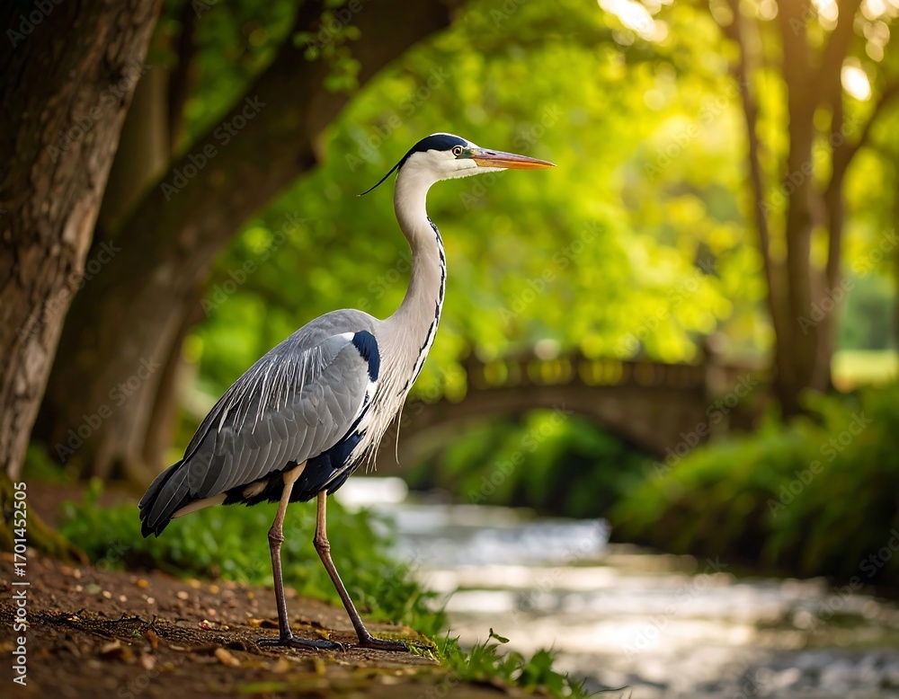 Fototapeta premium Grey heron by a park stream