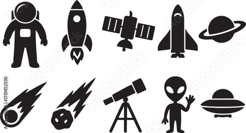 Cosmic space travel elements collection silhouette icons astronaut rocket satellite ufo alien meteor planet telescope silhouette