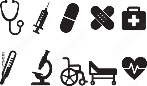 Medical icon set professional healthcare symbols featuring stethoscope syringe pill bandage first aid kit thermometer microscope wheelchair stretcher and heartbeat rhythm for clinical health and medic