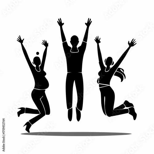 Joyful Leap: A trio of figures in silhouette is captured mid-air, expressing elation and celebration.