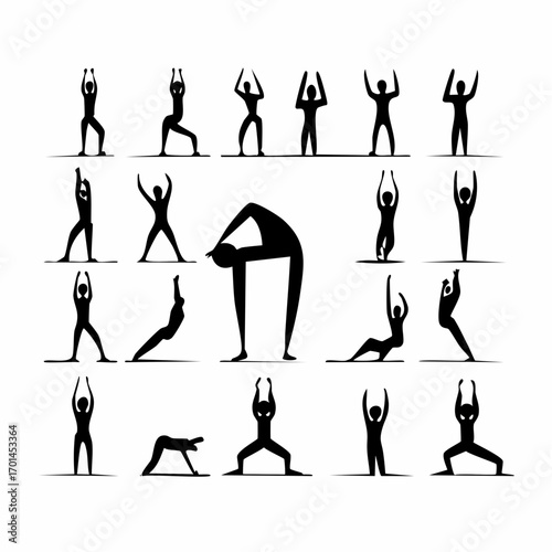 Yoga Poses Silhouette: A collection of stylized silhouettes demonstrates various yoga poses, promoting mindfulness, flexibility, and a balanced lifestyle.