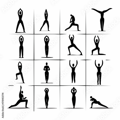 Yoga Poses Silhouette: A minimalist graphic illustration showcases diverse yoga poses, offering a sense of tranquility, fitness, and inner peace, perfect for health, wellness.